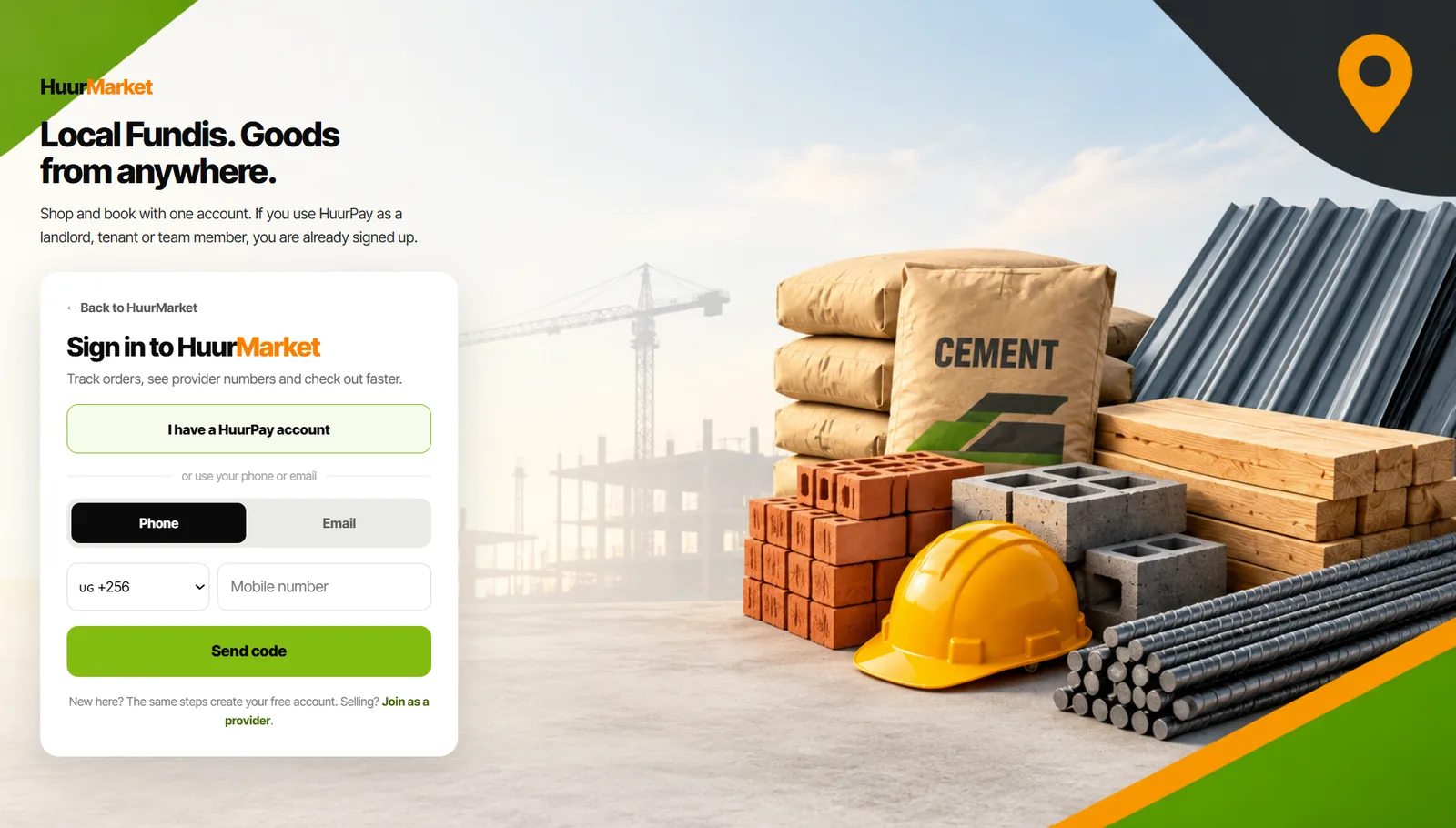 HuurMarket sign-in: one account for shopping and booking, with an option to sign in with a HuurPay account