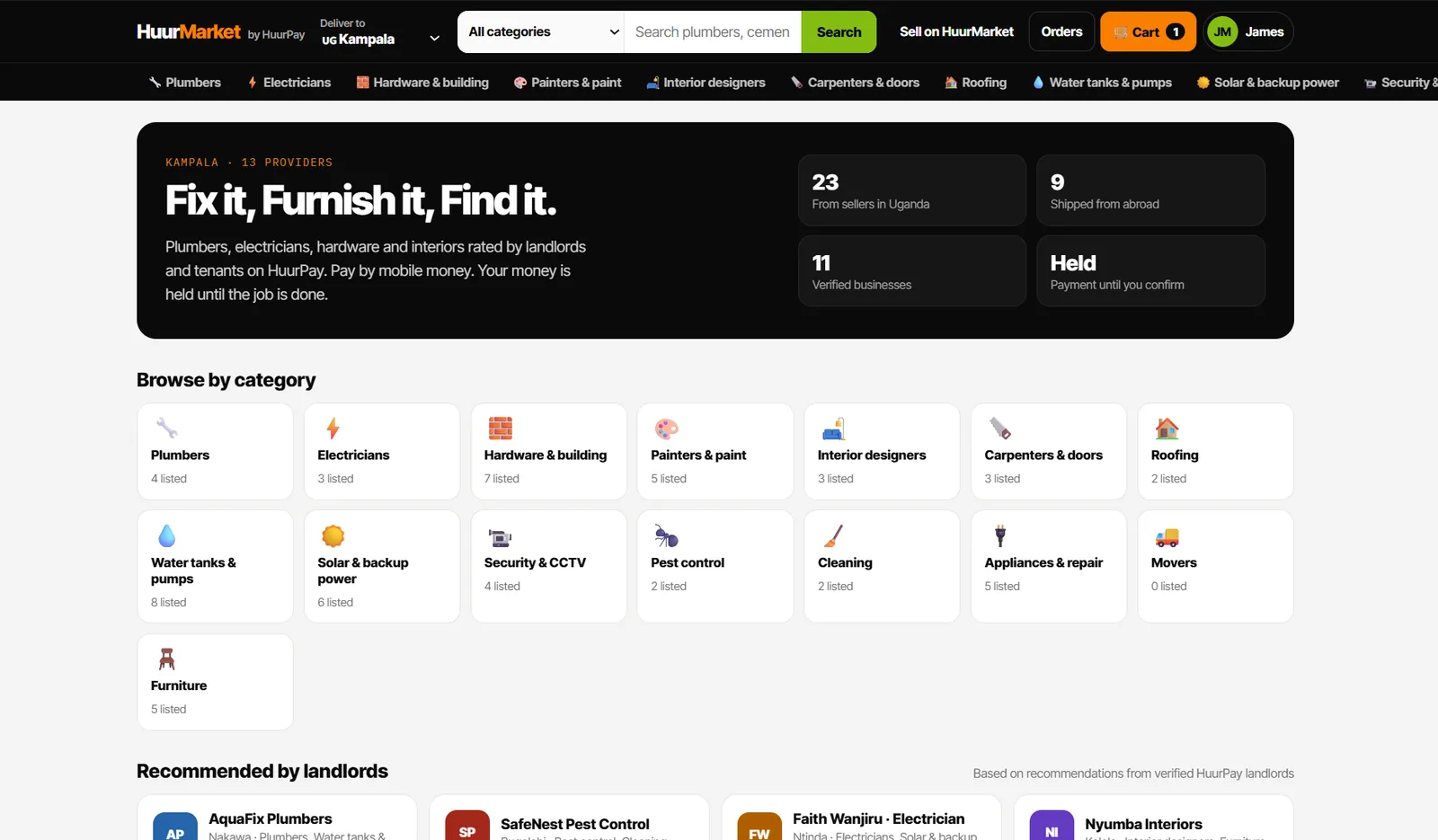 HuurMarket marketplace with categories and recommended providers