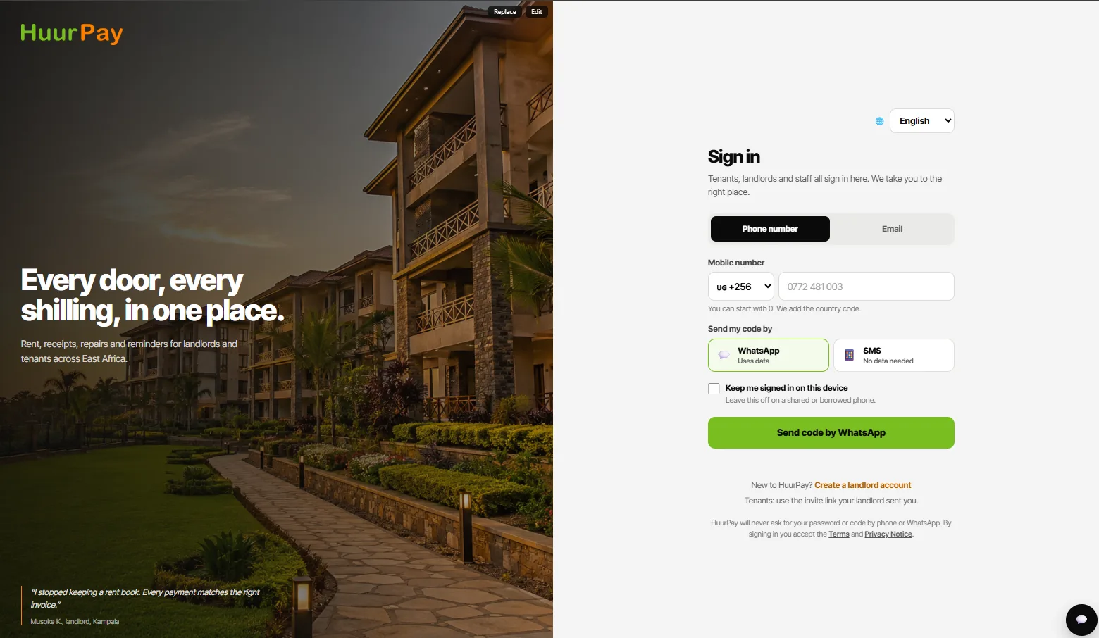 HuurPay sign-in screen
